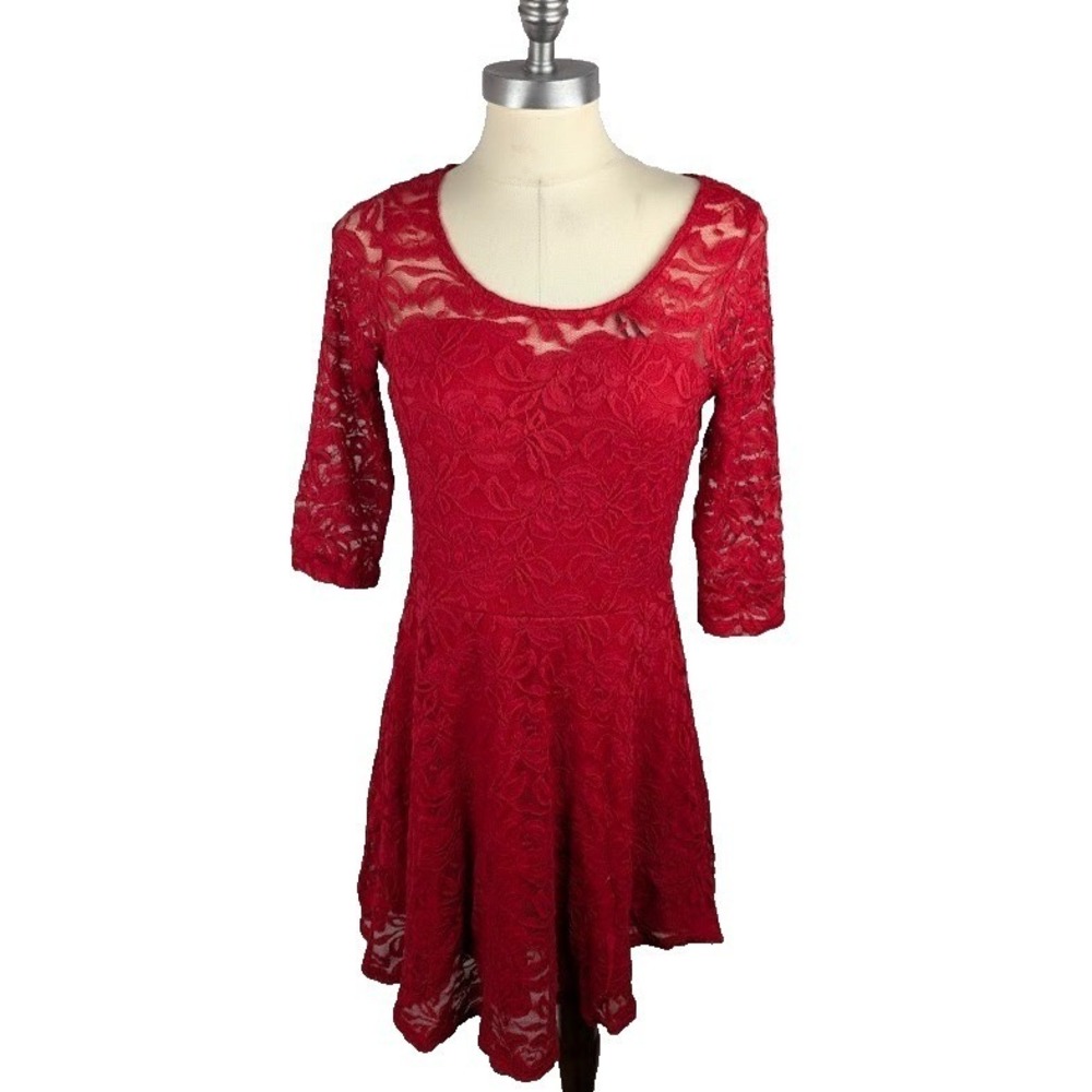 Material Girl Lace Illusion Skater Dress 3/4 Sleeve Mini Lipstick Red Size L